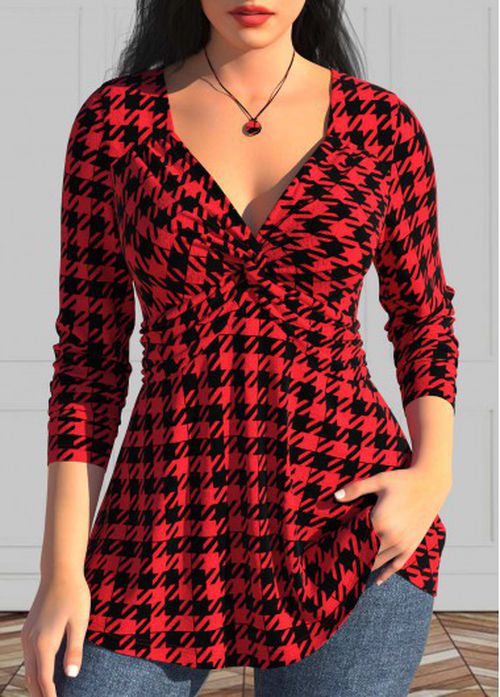 Modlily Red Twist Geometric Print Long Sleeve T Shirt