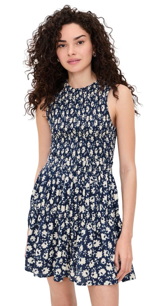 Lore Smocked Mini Dress Navy Floral Stamp