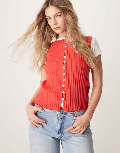 Free People tilly ribbed button up tank top in tomato-Red