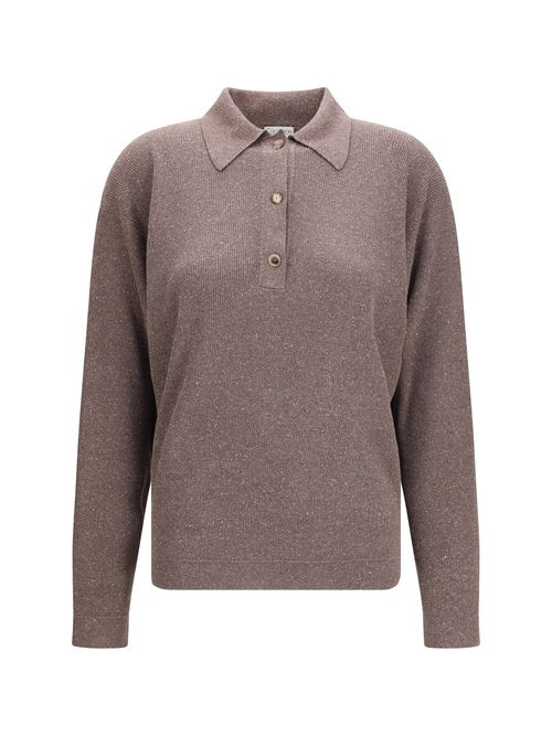 Silk-knit Polo Sweater — Brown
