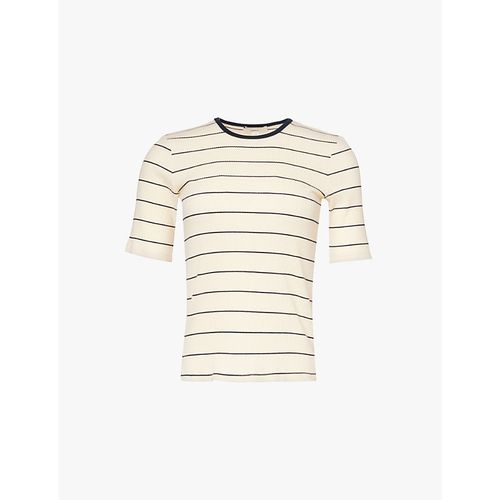 Womens Flaxen Stripe-pattern Round-neck Stretch-cotton T-shirt M