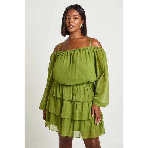 Boohoo Women's Plus Chiffon Ruffle Cold Shoulder Mini Dress in Olive