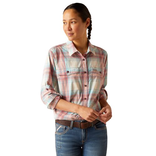 Women's Rebar Made Tough DuraStretch Work Shirt Long Sleeve in Vanilla Ice Plaid Cotton, Size X-Small, by