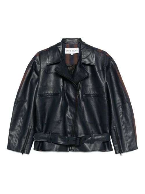 Belted stripe-detail biker jacket - Blue