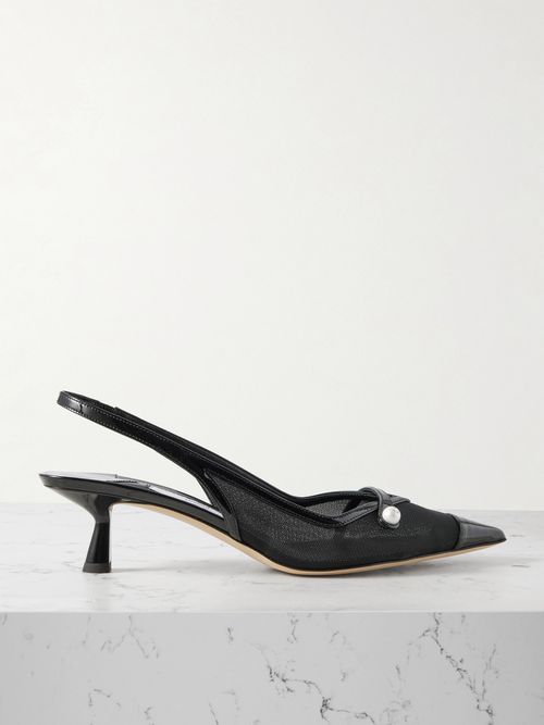Amita 45 Faux Pearl-embellished Leather-trimmed Mesh Slingback Pumps - Black