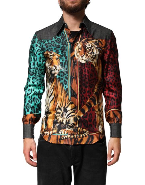 Tiger & Leopard Print Silk Shirt — Multicolor
