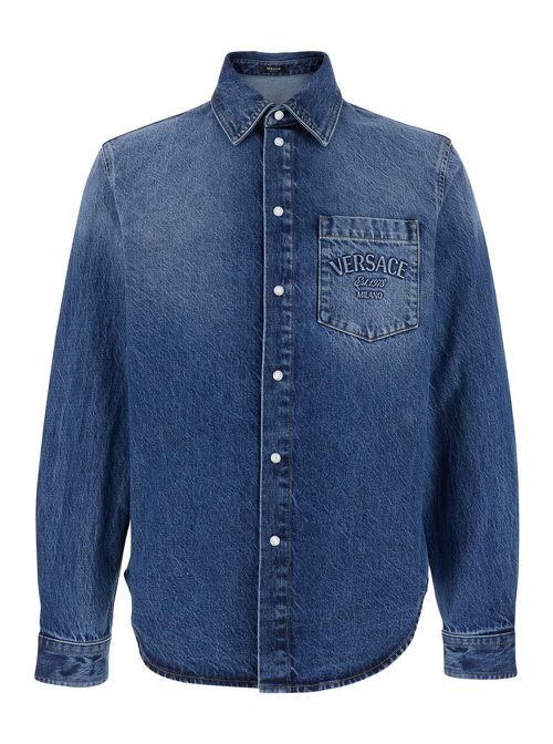 Blue Shirt With Lettering Logo Embroidered On The Chest In Denim Man