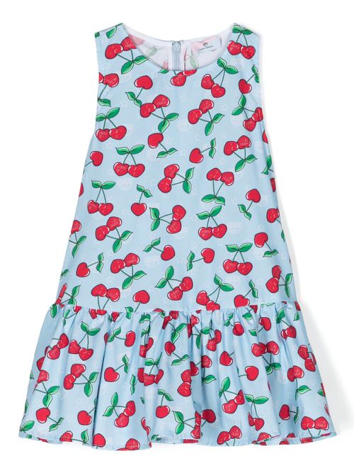 Cherry-print ruffled cotton dress - Blue