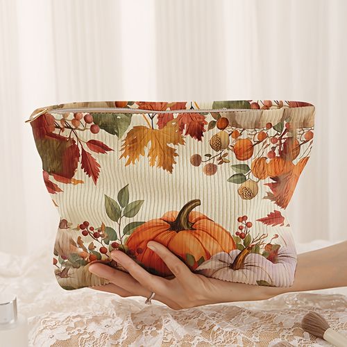 TEMU Pumpkin And Print Velvet Cosmetic Bag With Zipper, Multifunctional Makeup Storage Pouch With Lining, Portable Toiletry Organizer, Polyester Non