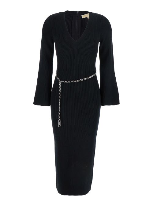 Ribbed Wool Blend with Chain Belt Dress — Black