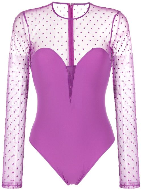 Panelled long-sleeve mesh bodysuit - Purple