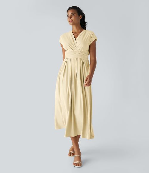 Breezeful™ V Neck Short Sleeve Pocket Tie Back Quick Dry Midi Casual Dress-Longer Length Casual Dress - Afterglow