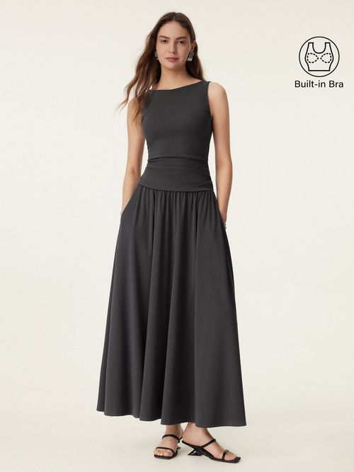 2Pcs Set Stretch Cotton Boatneck Brami Tank & Maxi Umbrella Skirt with Pockets - Shadow / XS