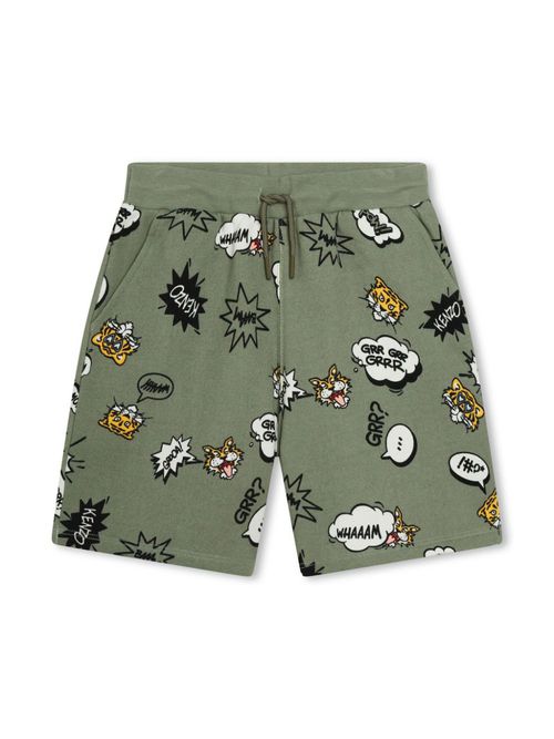 Tiger-print drawstring cotton shorts - Green