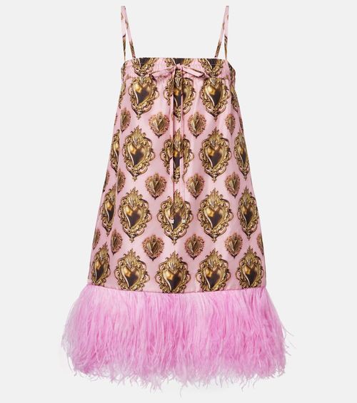 Feather-trimmed printed silk minidress