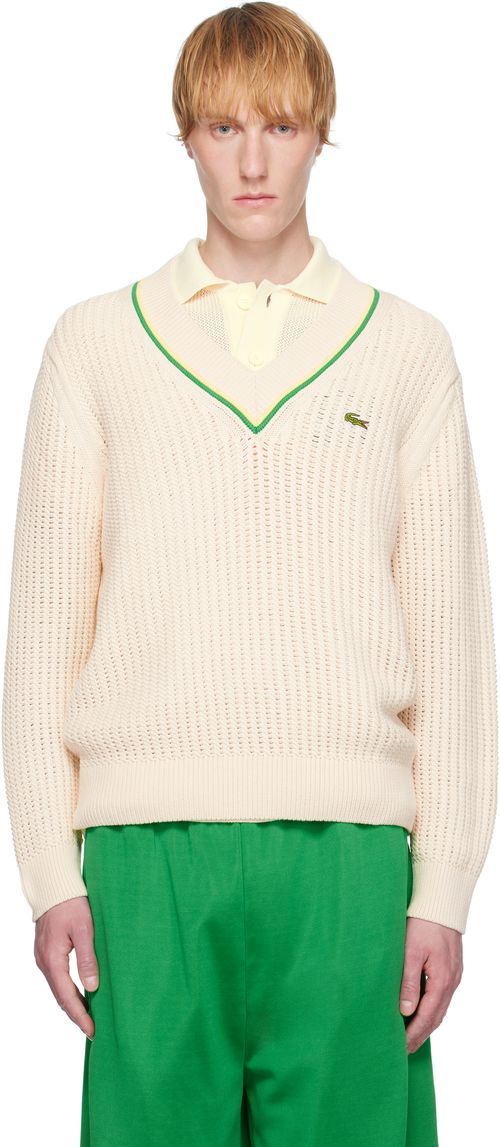 Lacoste Off-White V-Neck Striped Tennis Sweater