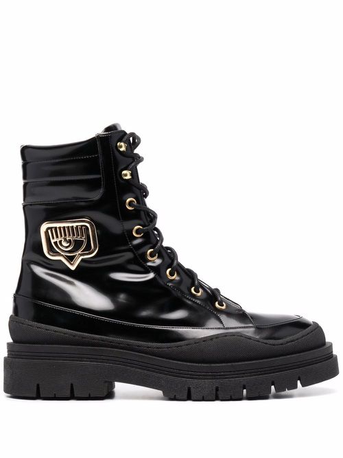 Logo-plaque leather boots - Black