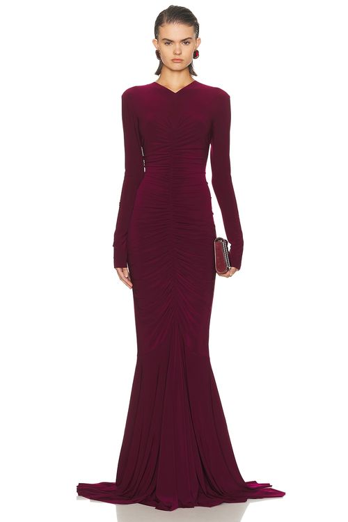Norma Kamali Long Sleeve V Neck Shirred Front Fishtail Gown in Plum - Burgundy. L also in