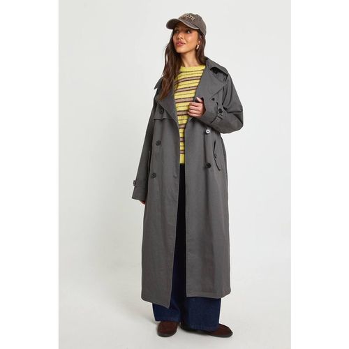 Boohoo Maxi Double Breasted Belted Trench Coat In Grey