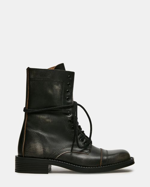 Steve Madden Women's Yukon Lace-Up Booties - Black Distressed - - Leather