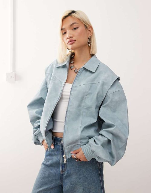 Vista Exclusive leather look contrast stitch bomber jacket in baby blue