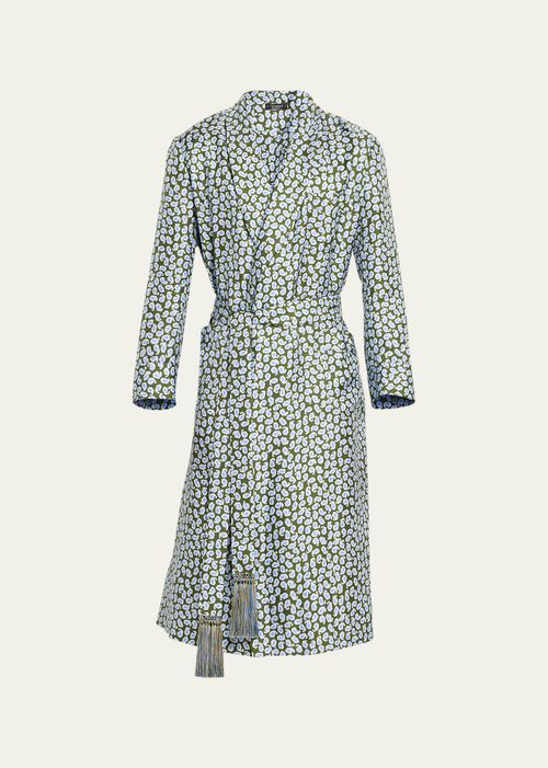 Men's Whale-Print Silk Robe with Fringe Belt