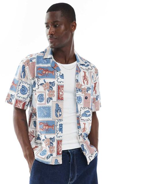 Hollister textured short sleeve shirt in lobster collage multi print