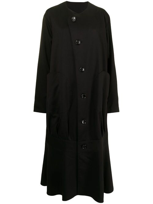Long wool pleat-detail coat - Black
