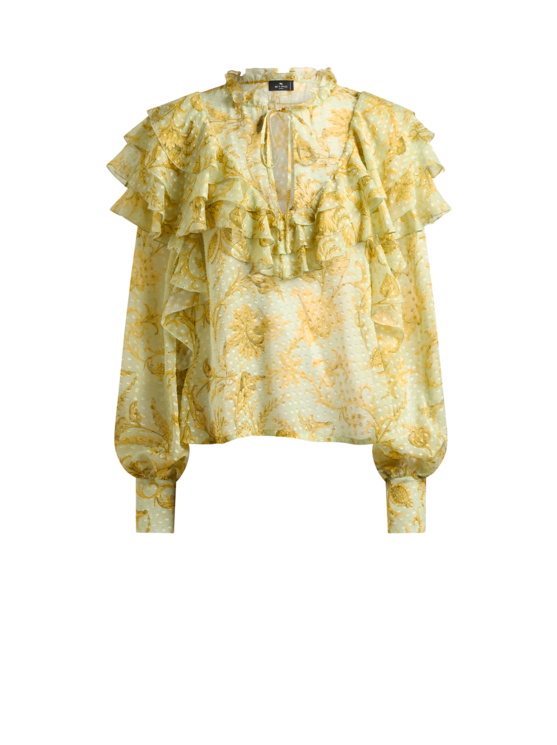 Silk Dotted Swiss Blouse With Flounces And Floral Motif