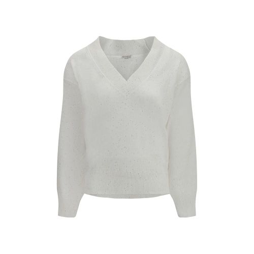 Sparkling Linen V-Neck Sweater — White