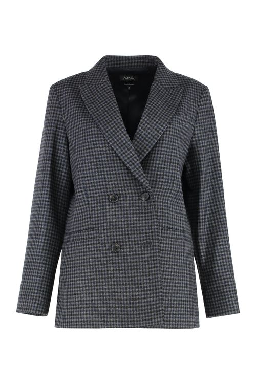 Double-Breasted Houndstooth Wool Blazer — Gray