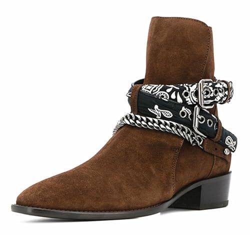 Santimon Men’s Top-Grain Leather Dress Ankle Chelsea Boots with Bandana Strap & Metal Chain – Fashion Suede Side-Zip Western Cowboy Boot for Casual