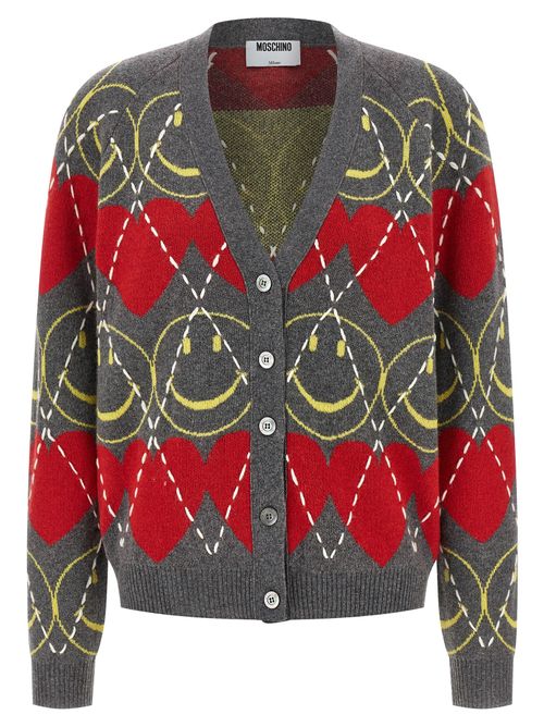 Heart & Smiley Jacquard Cardigan — Gray