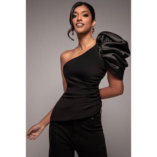 Goddiva One Shoulder Puffed Satin Sleeve Asymmetric Scuba Top - Black