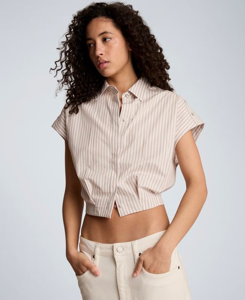 Women's Short-Sleeve Cropped Shirt - Taupe/White Stripe