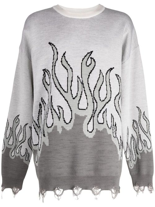 Distressed-effect flame-print wool jumper - Grey