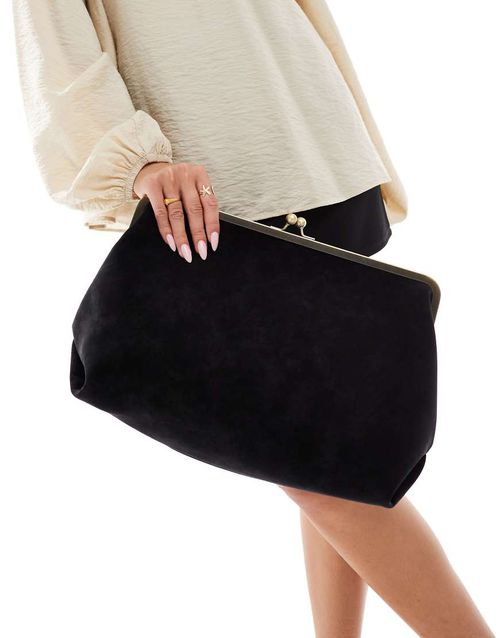Velvet touch oversized frame clutch bag in black