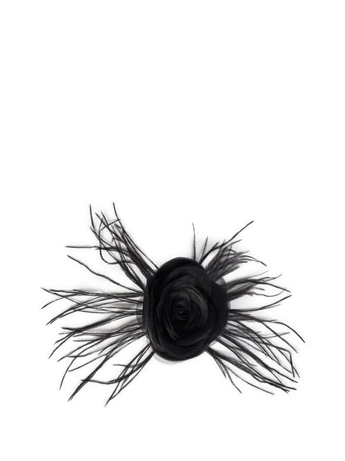 Georgette Rose with Feathers Hair Brooch — Black