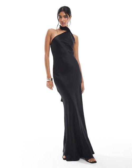 Bridesmaid one shoulder scarf maxi dress in black