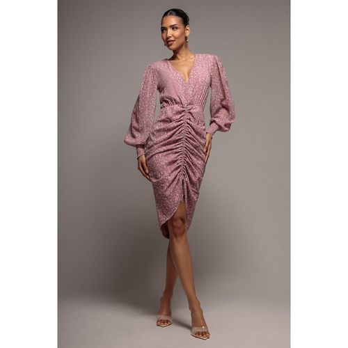 Goddiva Printed Long Sleeve Drawstring Midi Dress - Dusky Pink