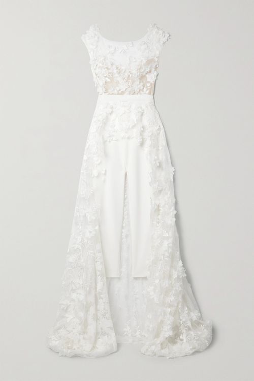 Isla Open-back Appliquéd Tulle And Crepe Jumpsuit - White