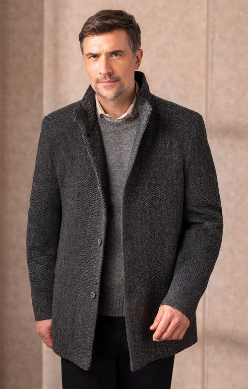 Men's Tweed Car Coat, Charcoal Herringbone