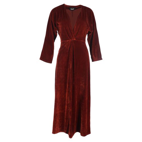 Deep Neck Midi Long Sleeve Dress in Brown Velvet