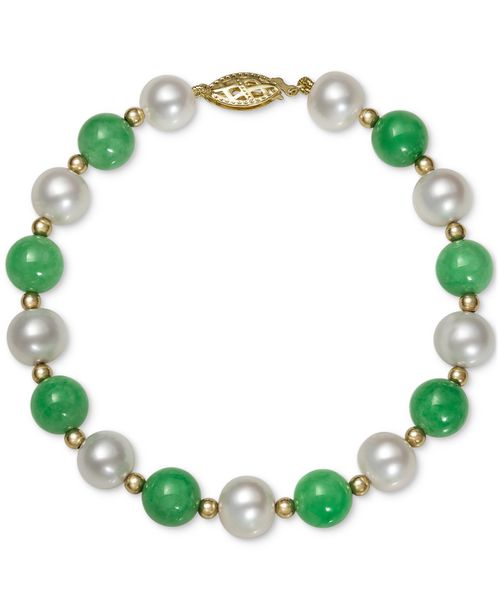 Dyed Green Jade & Freshwater Pearl (7-1/2 - 8-1/2mm) Beaded Bracelet in 10k Gold - Yellow Gold