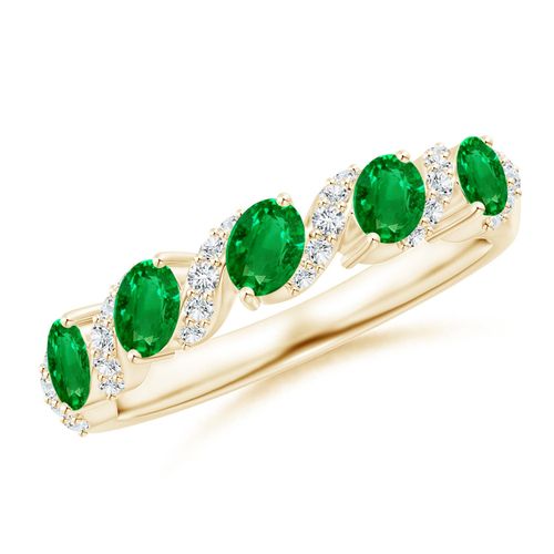 Angara 0.6 Carat Five Stone Oval Emerald Swirl Ring with Diamonds in 14K Yellow Gold