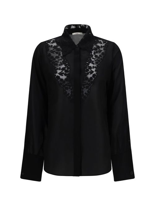 Lace-Trim Silk Georgette Shirt — Black