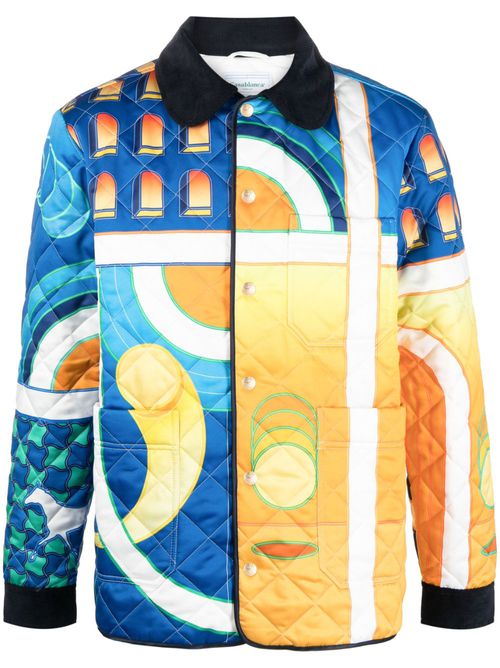 Paysage-print quilted jacket - Blue