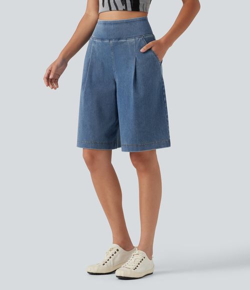 Flex™ High Waisted Denim Casual Baggy Bermuda Shorts 10'' with Pockets  - Blue Jasper Denim