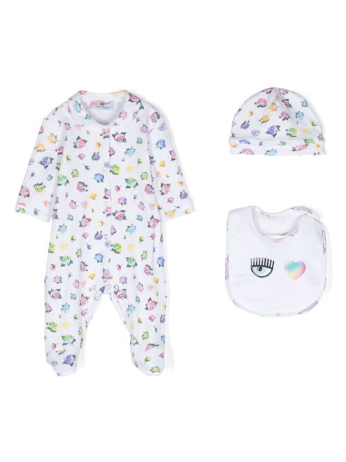 Eyelike-motif cotton pajamas (set of three) - White