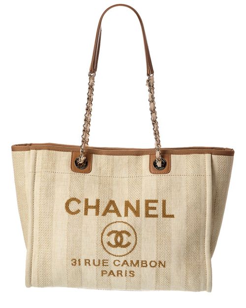 Beige Mixed Fibers & Calfskin Striped Small Deauville Tote (Authentic  Pre-Loved)